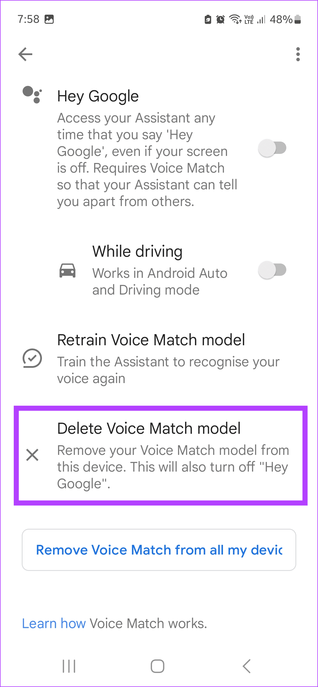 Tap on Delete Voice Match model