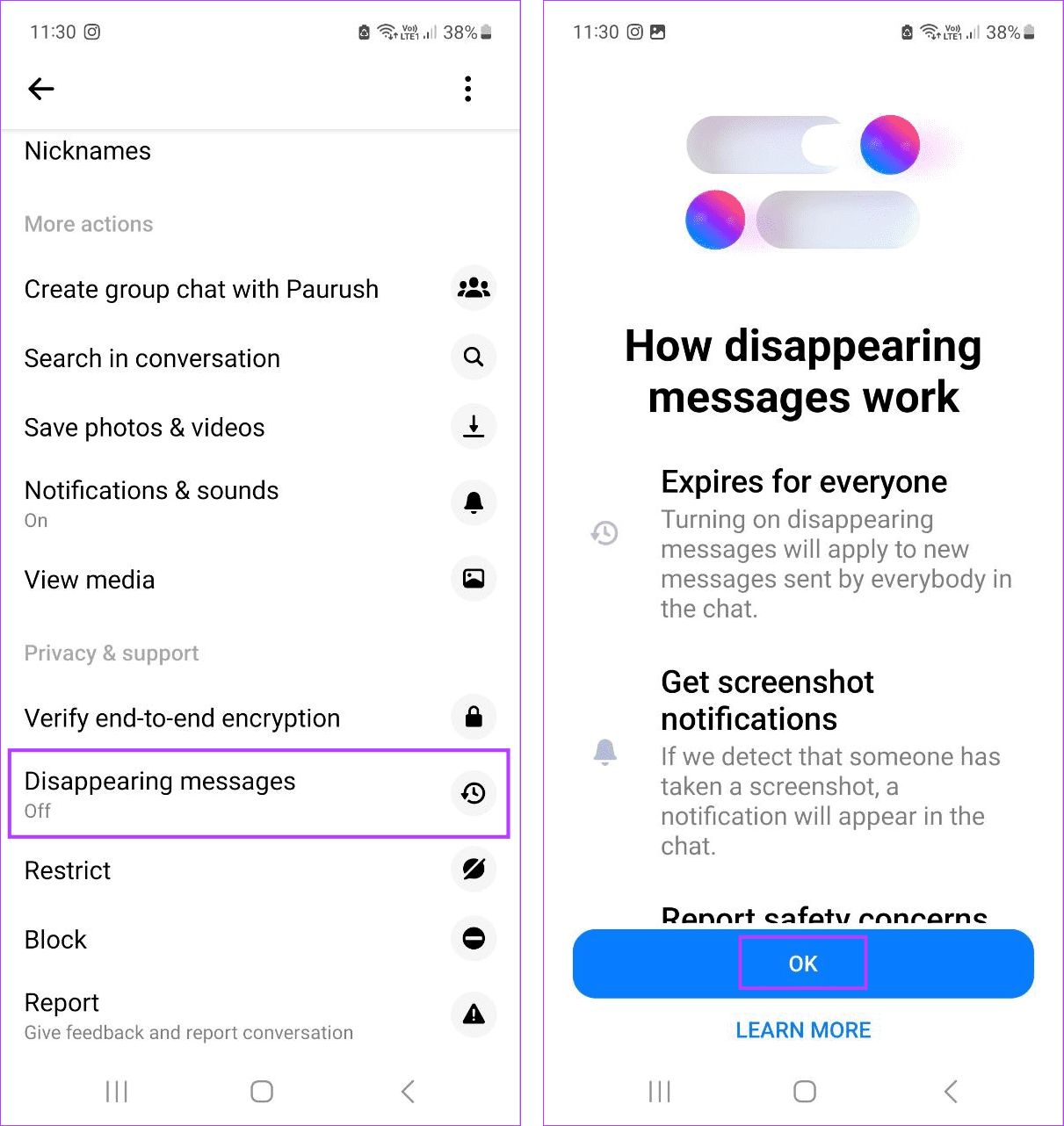 Tap on Disappearing Messages