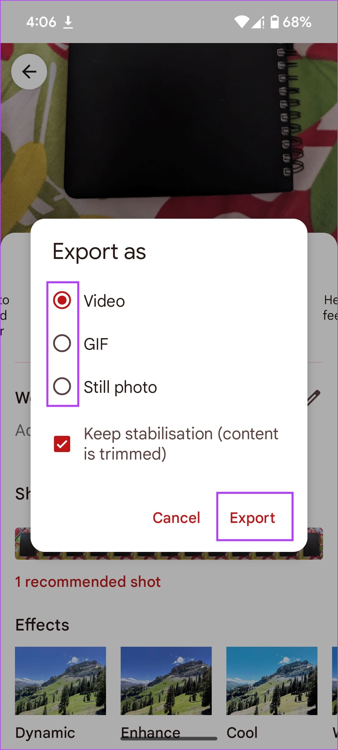 Tap on Export 1