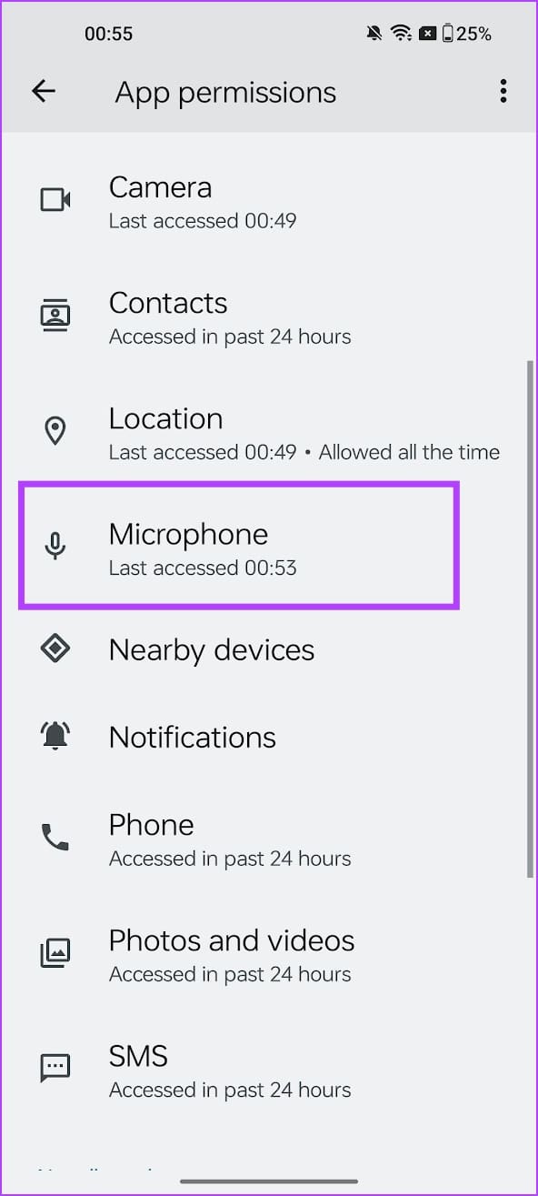 Tap on Microphone in Permissions