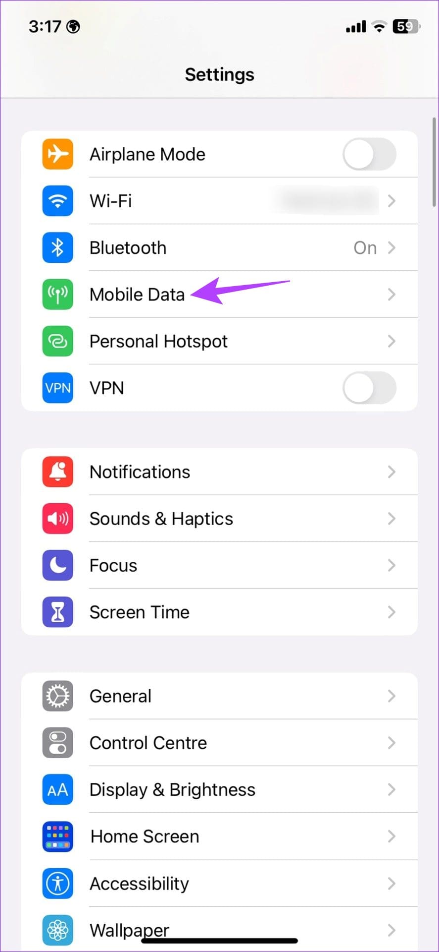 Tap on Mobile Data