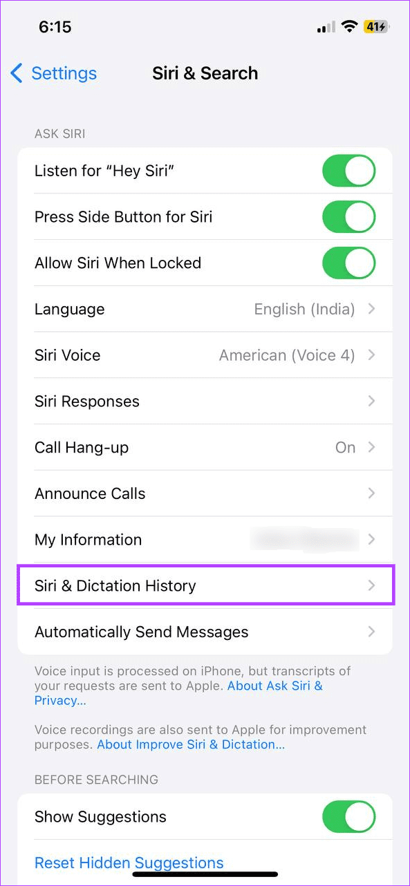 Tap on Siri Dictation History