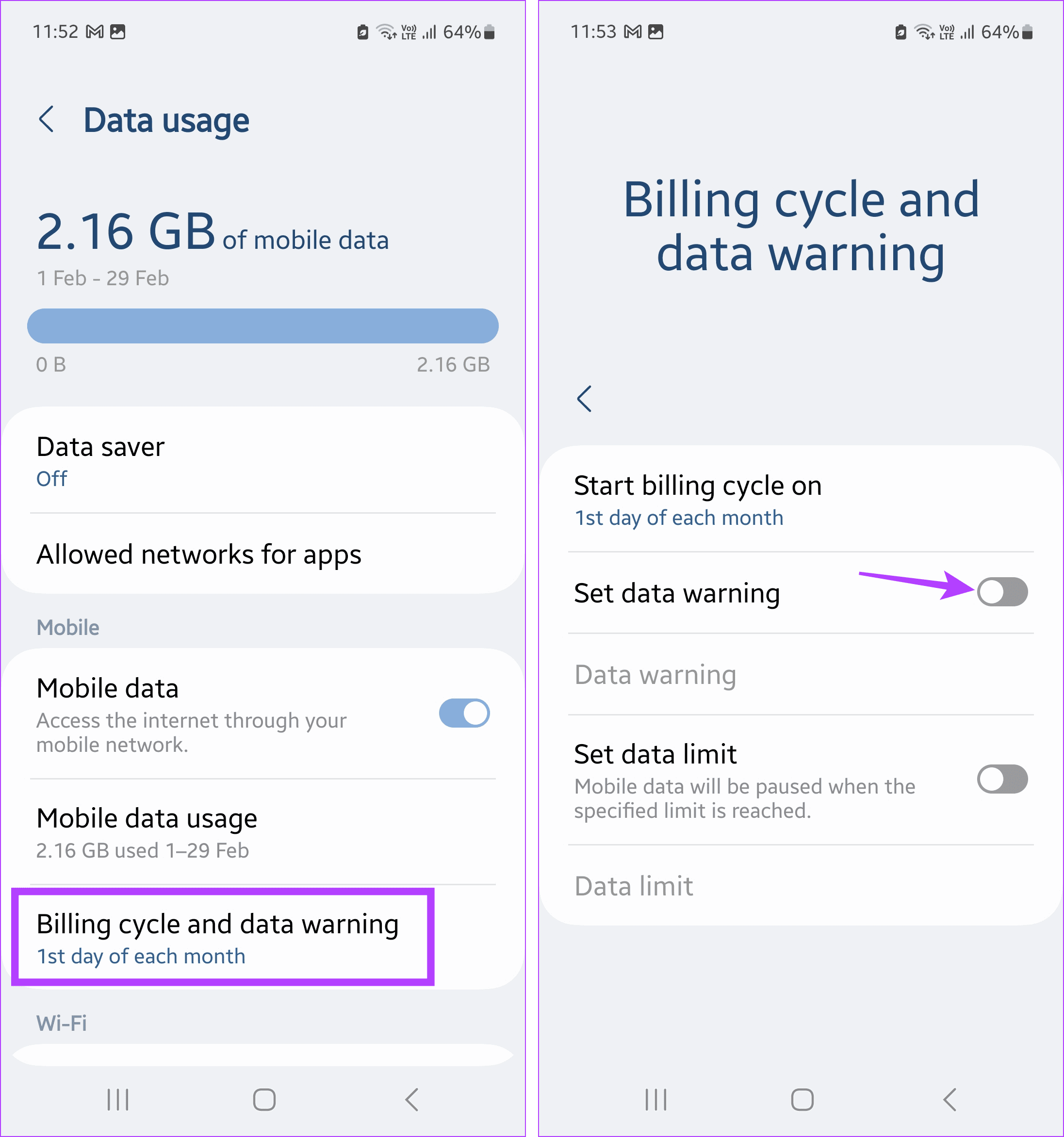 Tap on data warning