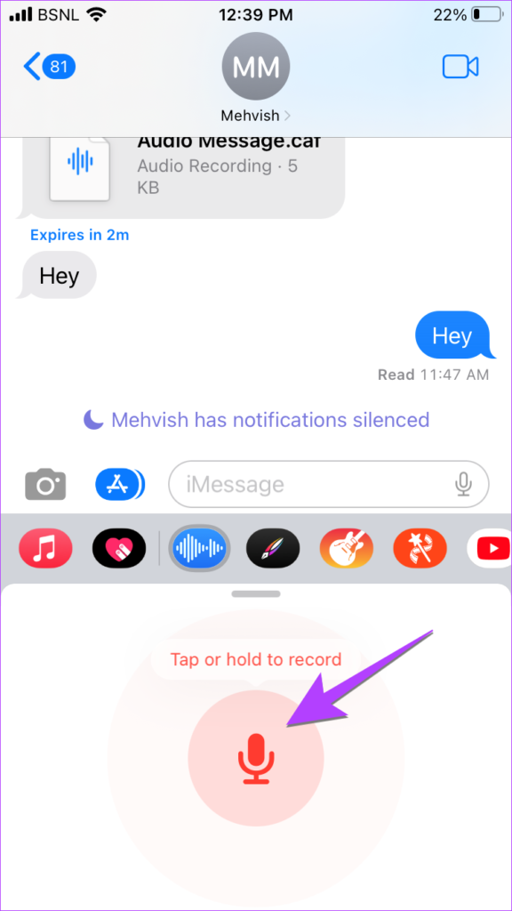 iOS 16 Tap the microphone to record a voice message.