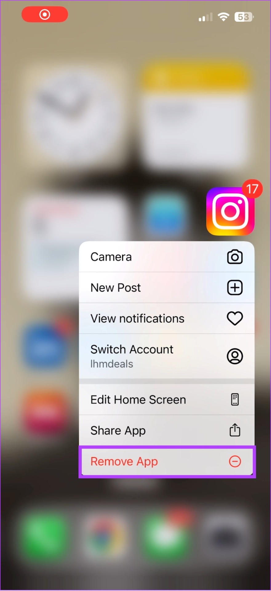 Tap to remove Instagram app