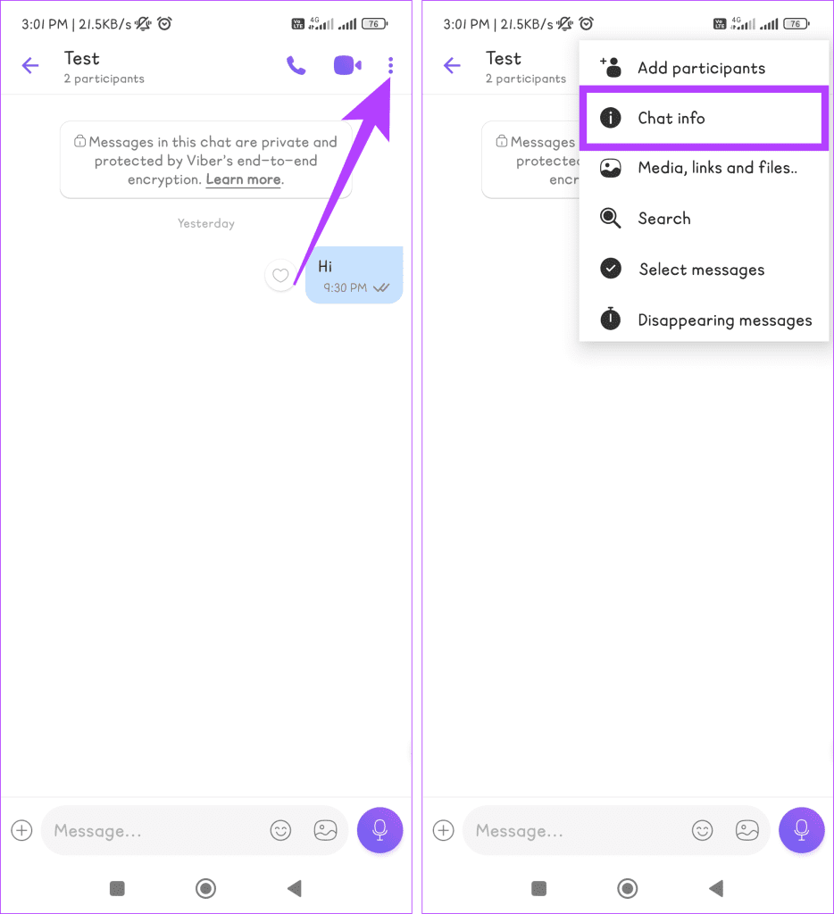 Tap the three dot icon and select Chat info