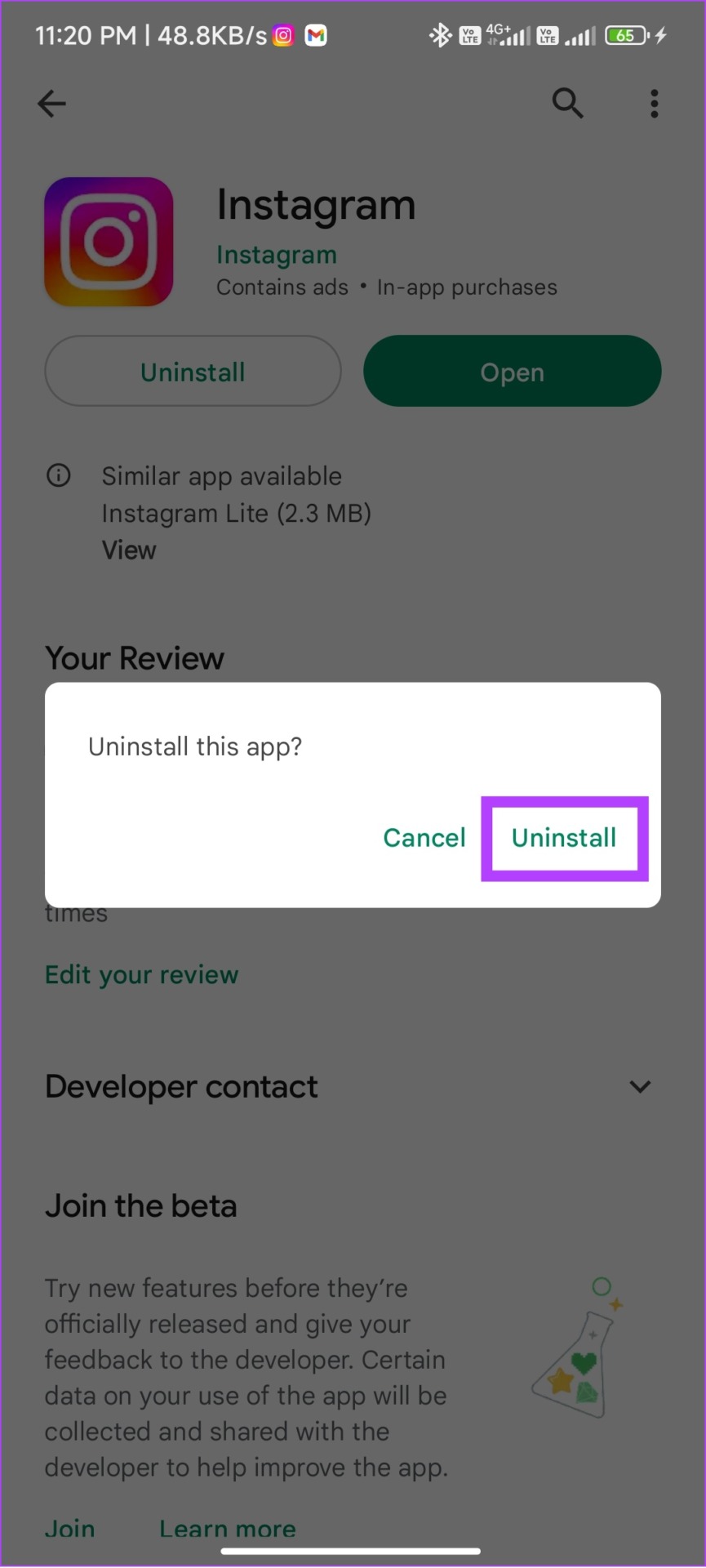 Tap uninstall to confrim Instagram deletion from Android