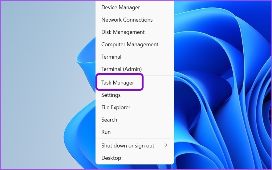 انتخاب Task Manager در منوی Power User