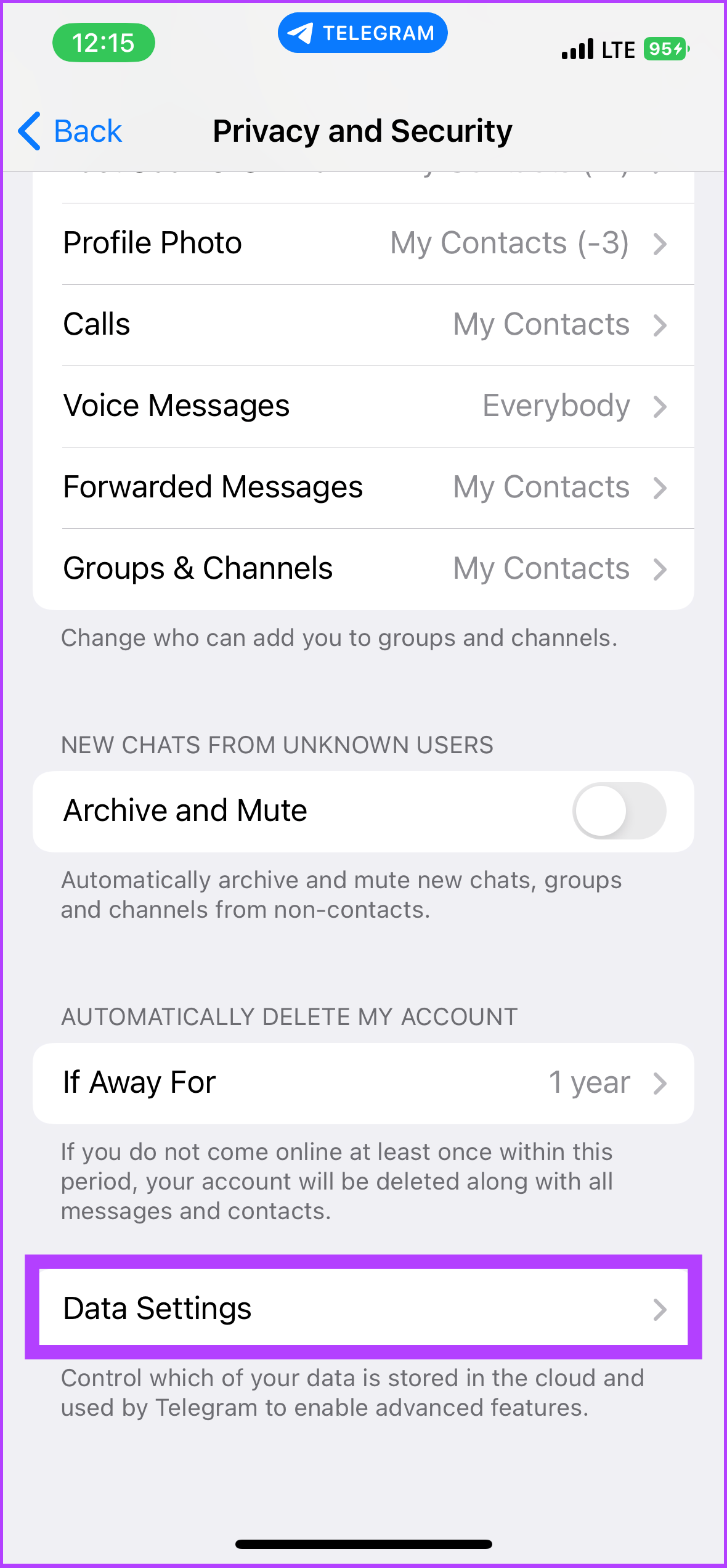 Telegram Data Settings on iOS