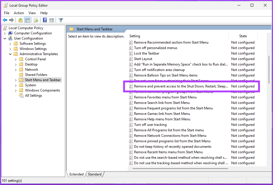 go to 'Remove and prevent access to the Shut Down, Restart, Sleep and Hibernate commands' policy settings