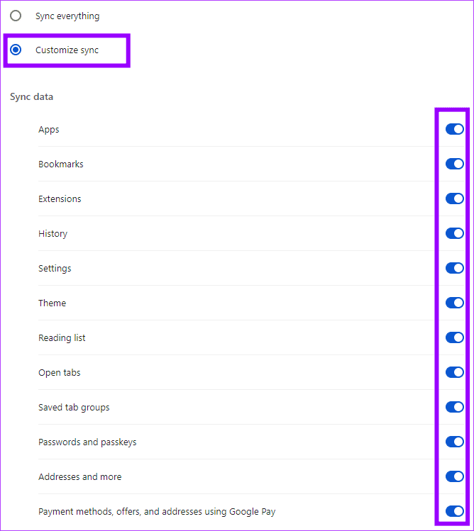 Toggle off sync on Chrome