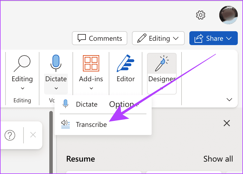 Transcribe Option in Word