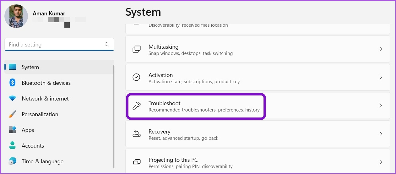 Selecting Troubleshoot option in the Settings app