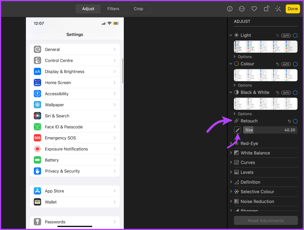 Click Retouch Tool and select the brush accordingly
