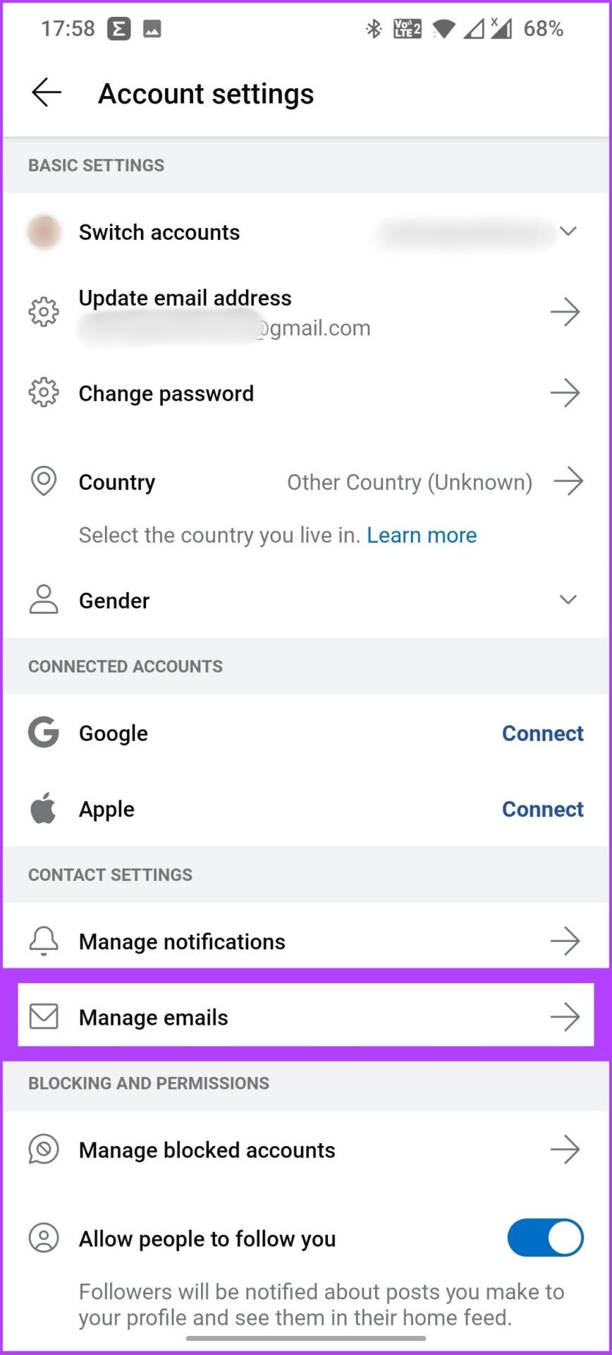 Tap Manage email under Contact Settings