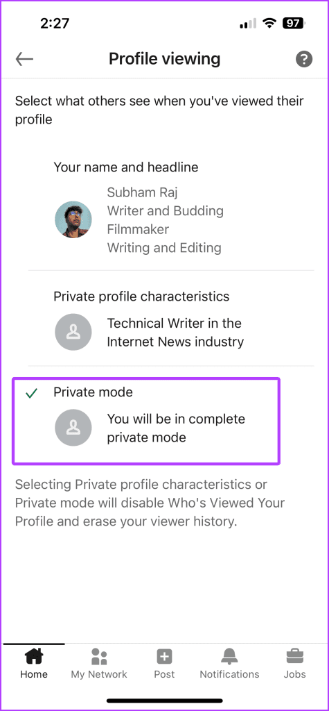 Turn On Private Mode in LinkedIn on Mobile