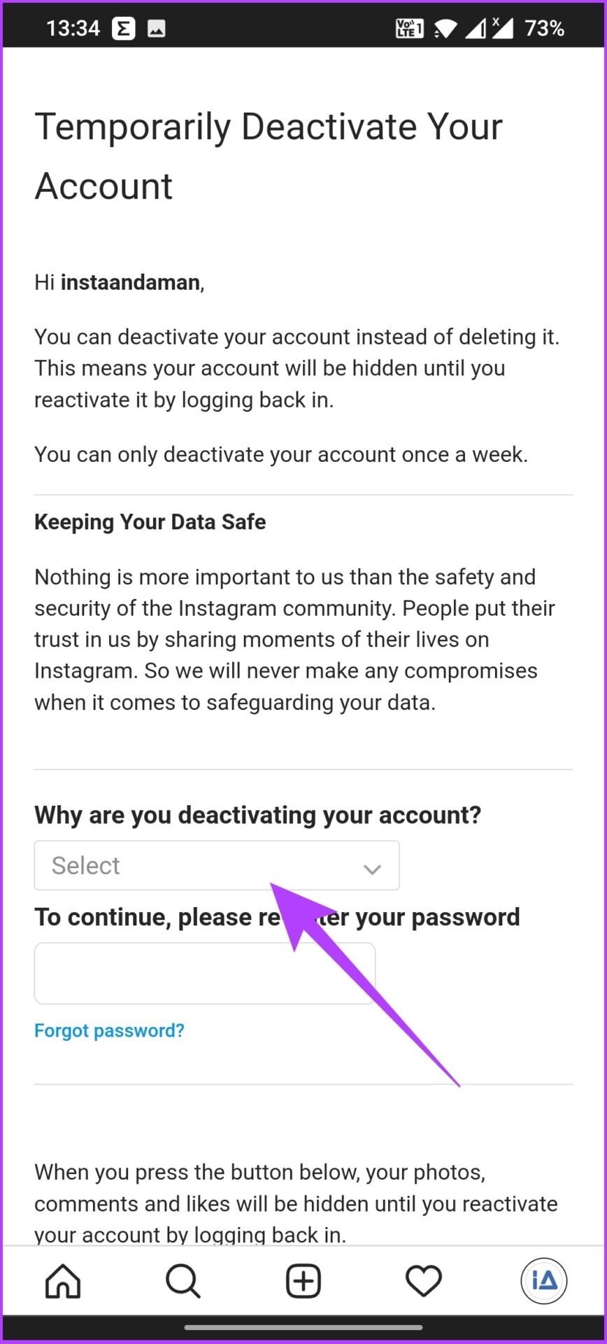 reason for the deactivating Instagram Business account