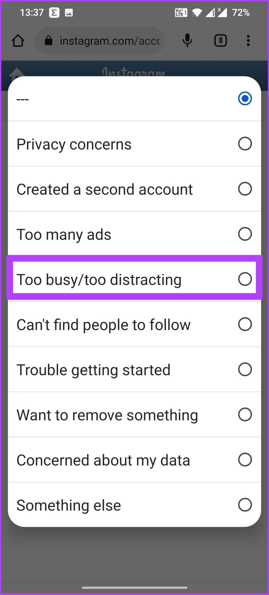 select your reason to delete Instagram account