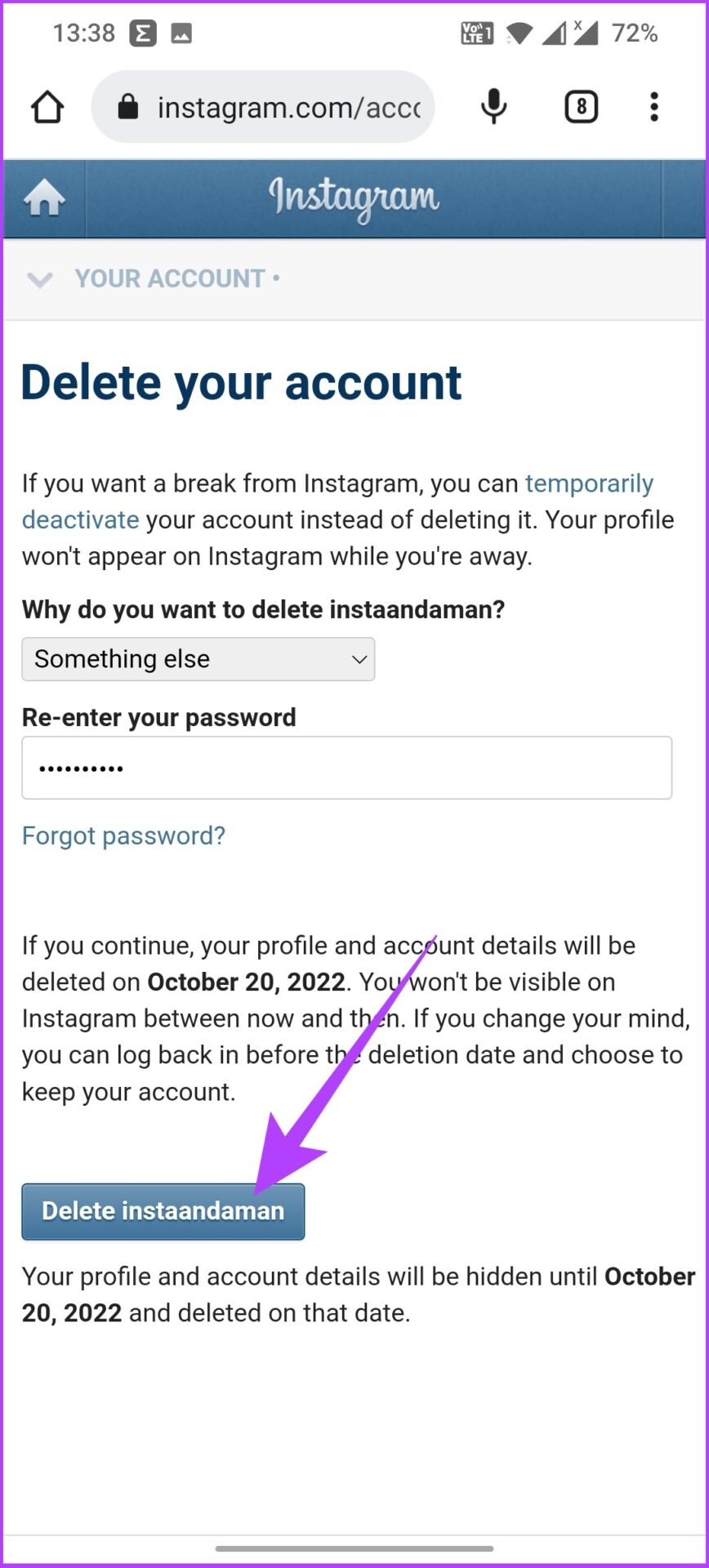 Tap Delete [username] on Instagram
