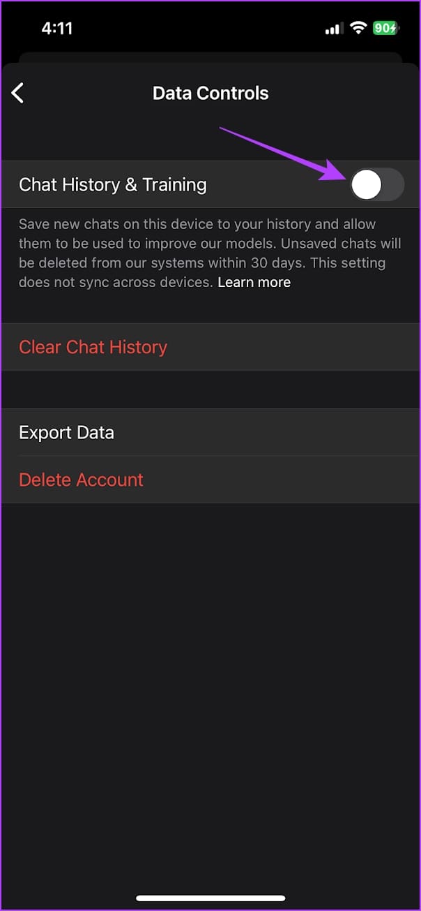 Turn off Chat History and Training 1