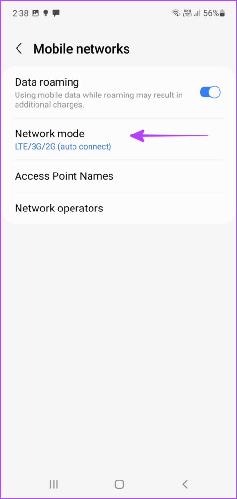 Select Network mode to turn on 5G on Android