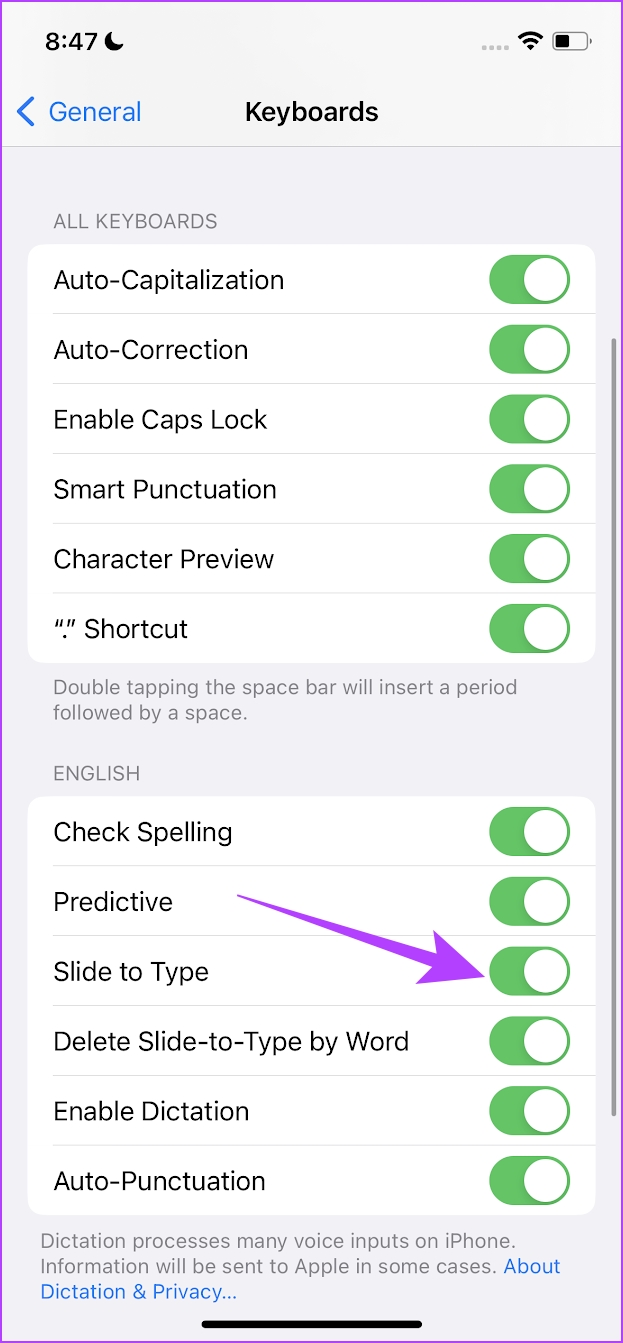 Turn on Toggle for Slide to Type