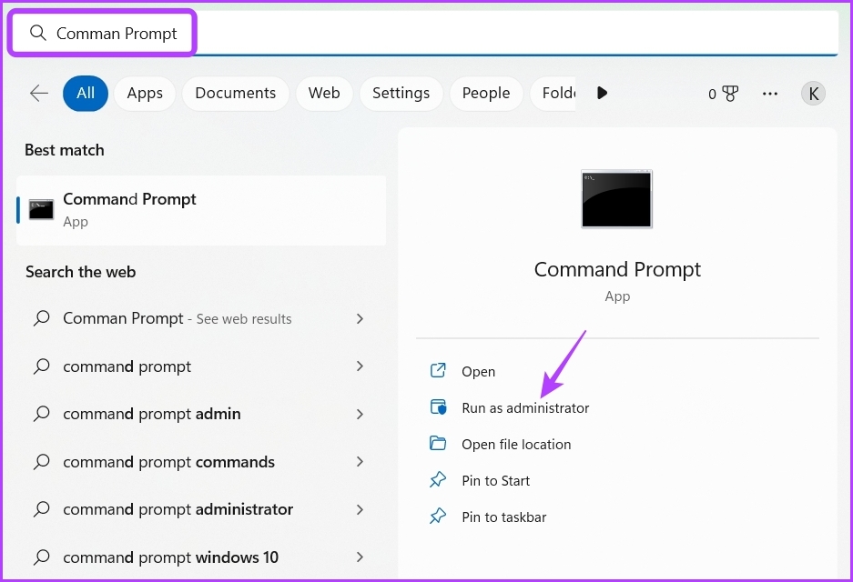 Typing Command Prompt in Windows Search