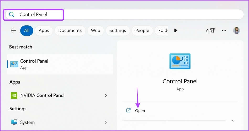 Typing Control Panel in Windows Search