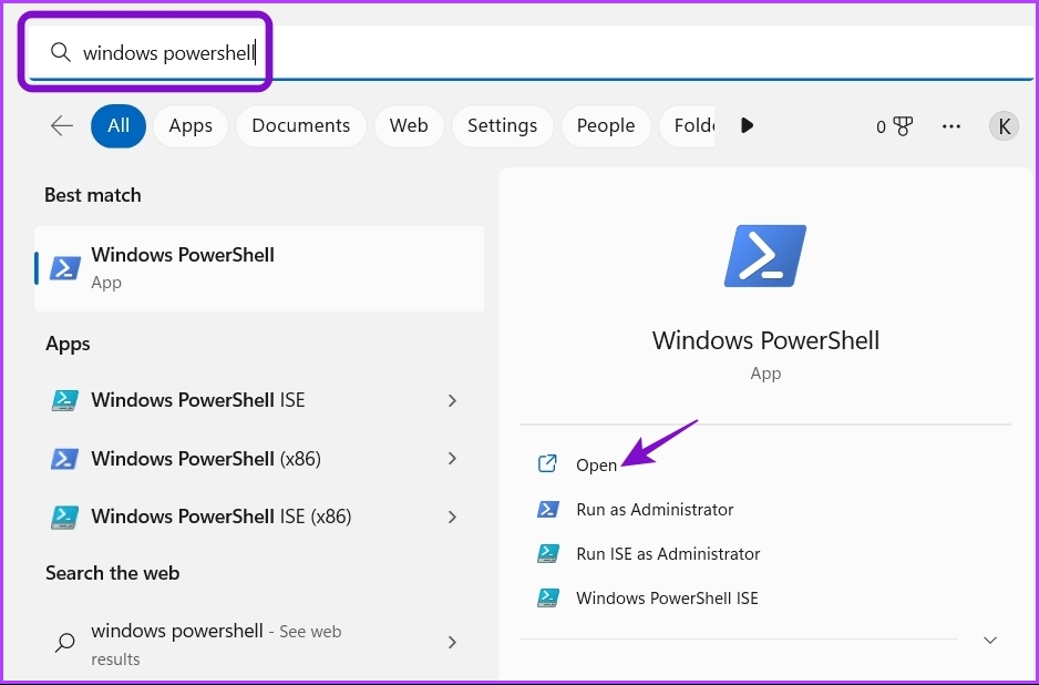 تایپ Windows PowerShell در جستجوی ویندوز