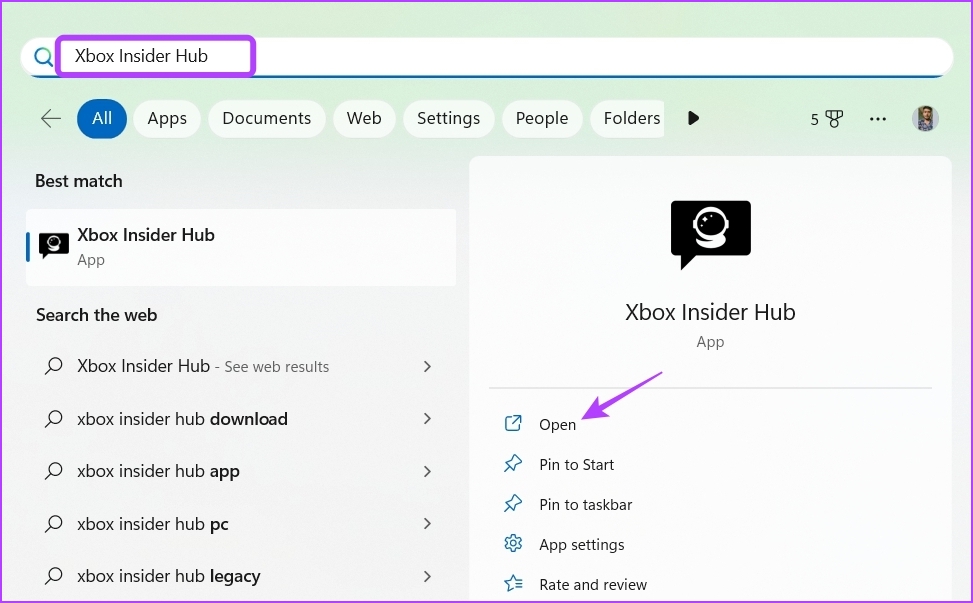 Escriba Xbox Insider Hub en la búsqueda de Windows