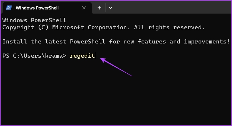 تایپ دستور regedit در Windows PowerShell