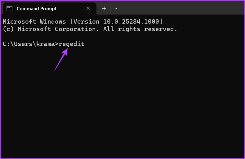 Typing the regedit command in Command Prompt