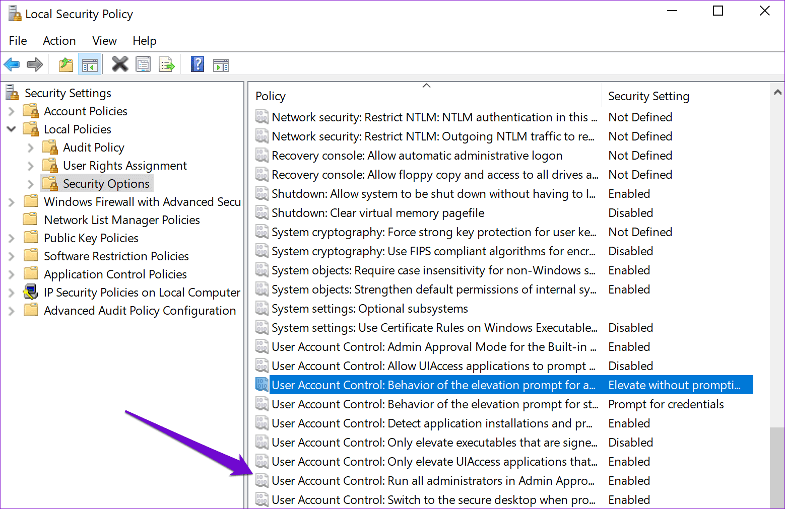 UAC Policy in Security Policy Window
