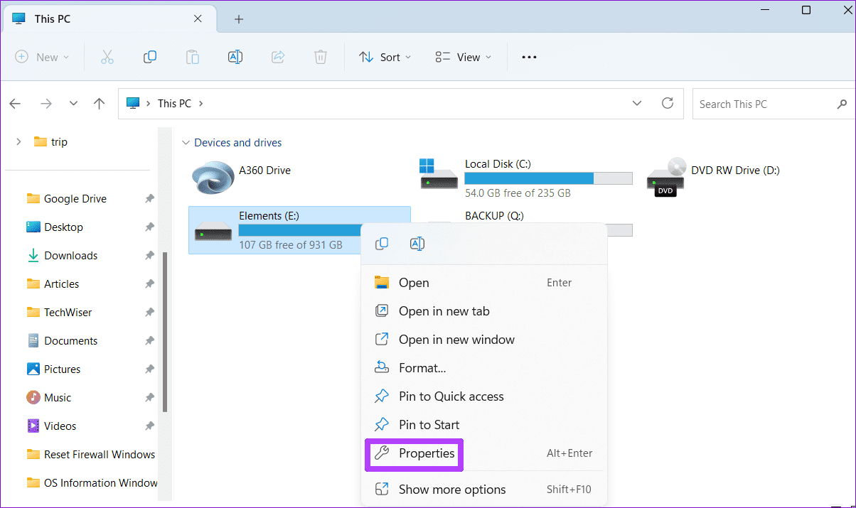 USB Drive Properties on Windows 11