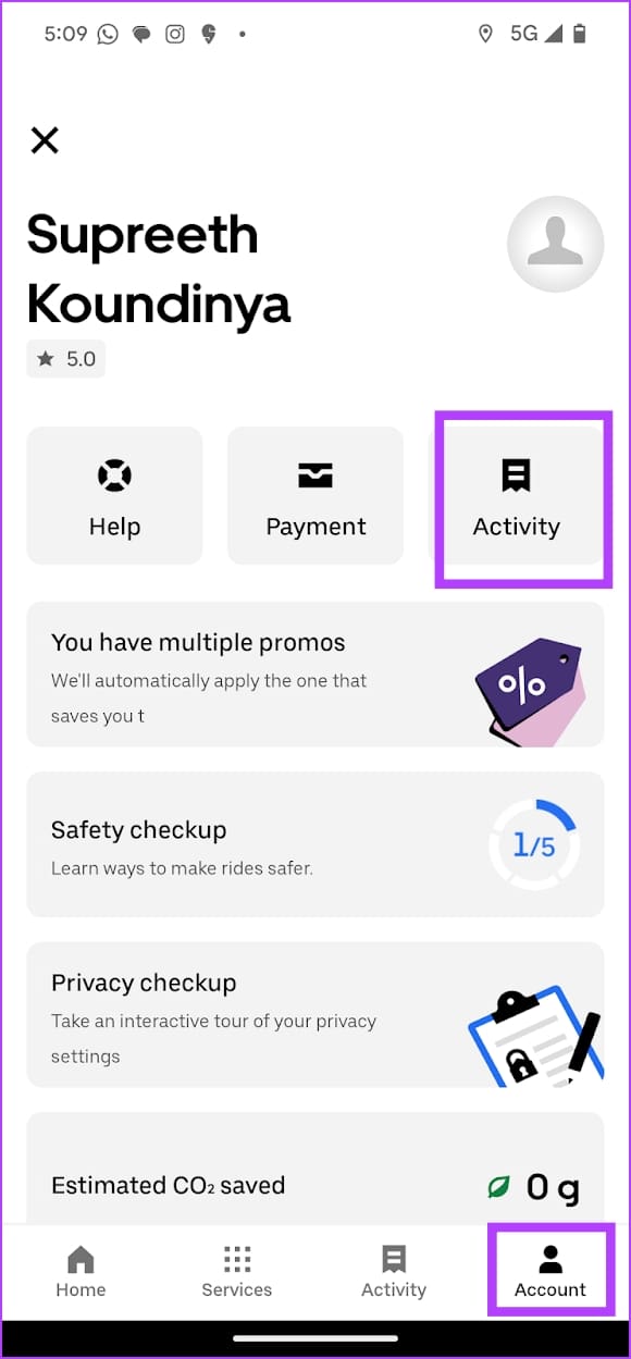 Uber Activity from Account Tab