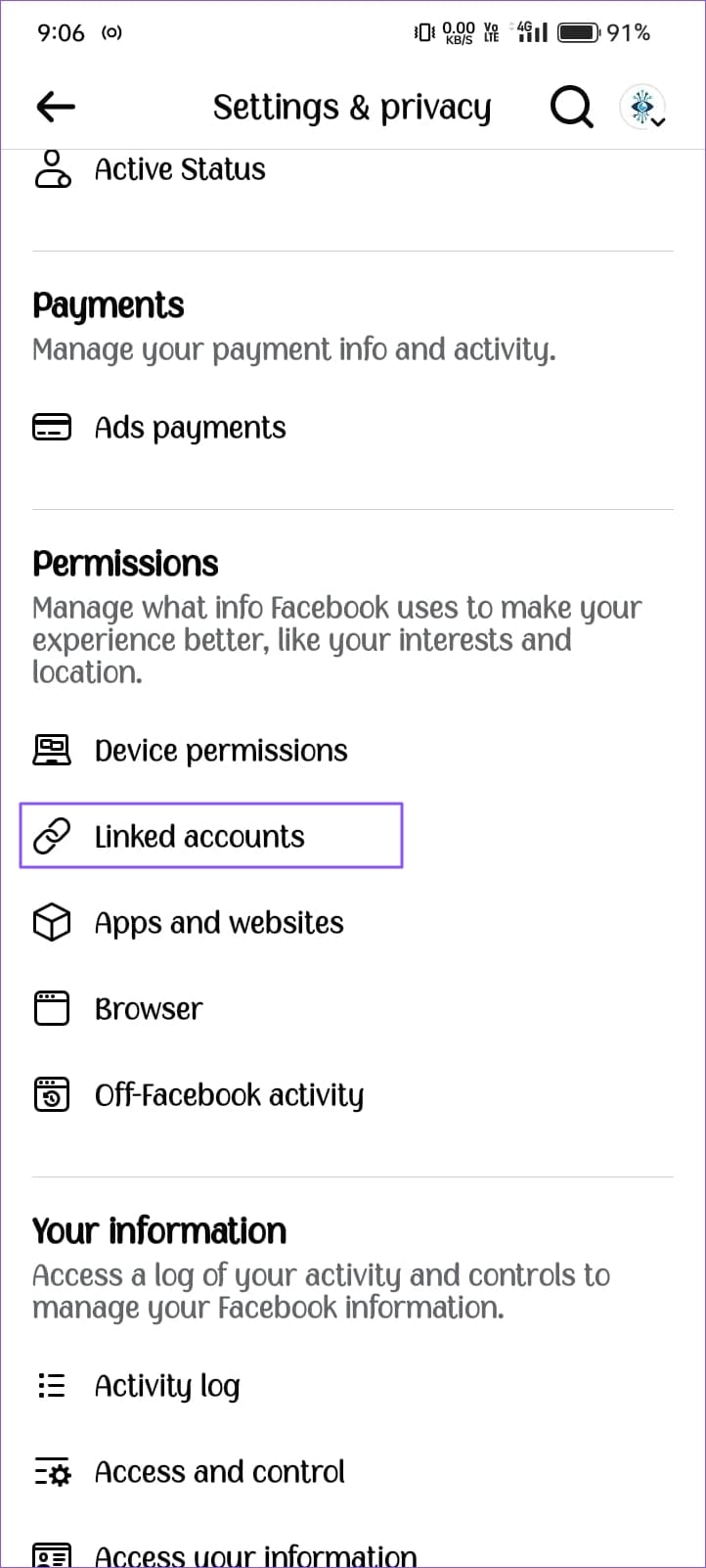 Under Permissions Section Tap On Linked Accounts