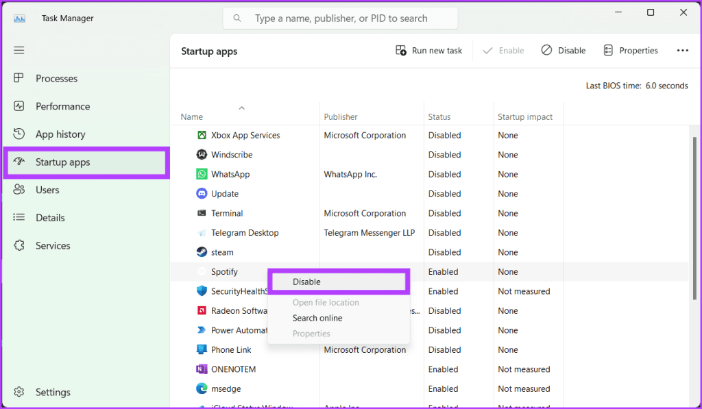 Under the Status section Disable options that are active on startup