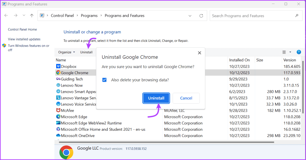 Uninstall Chrome on Windows 2