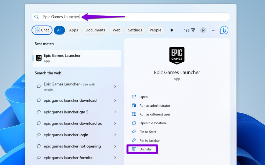 Uninstall Epic Game Launcher From the Start Menu