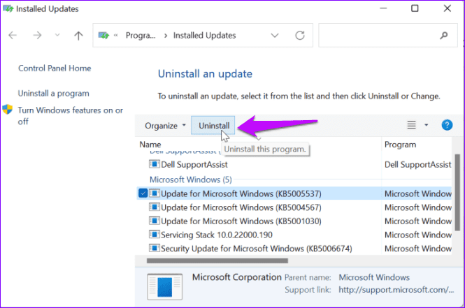 Uninstall an update on w11 2