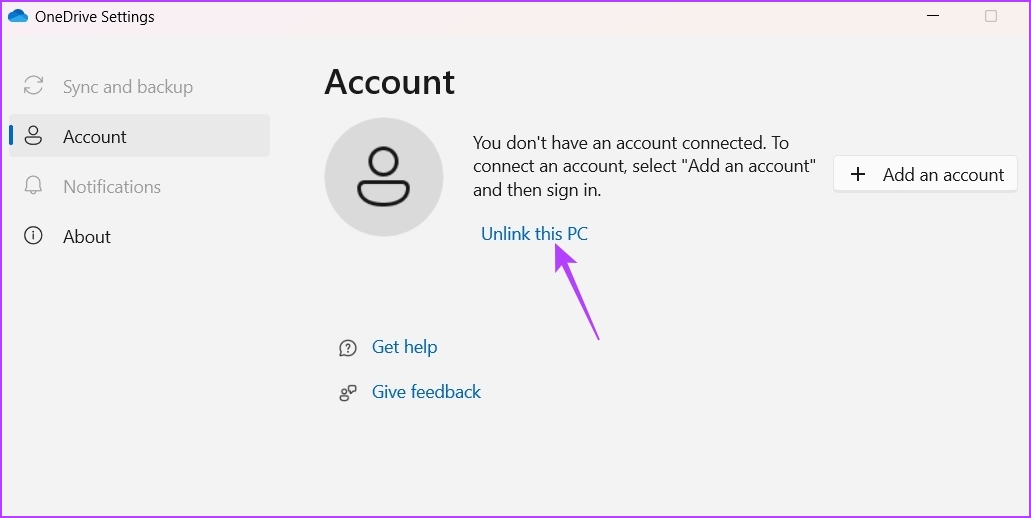 Unlink this PC option in OneDrive
