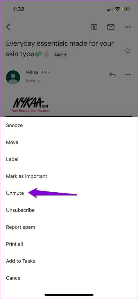 Unmute Gmail Conversation on iPhone