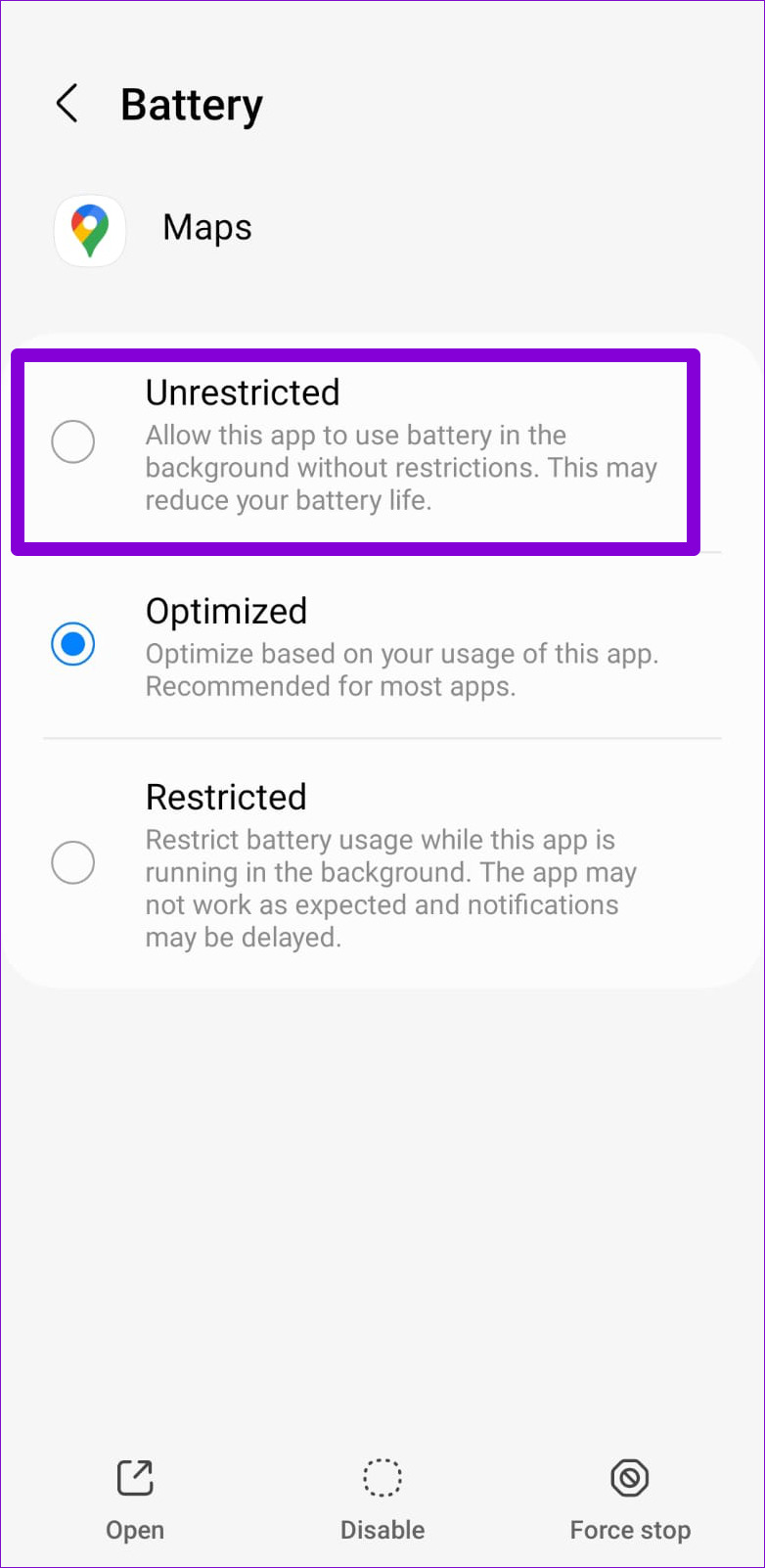 Unrestricted Battery Usage to Google Maps