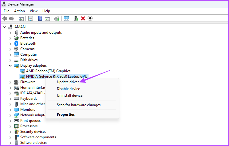 Update driver option in Device Manager
