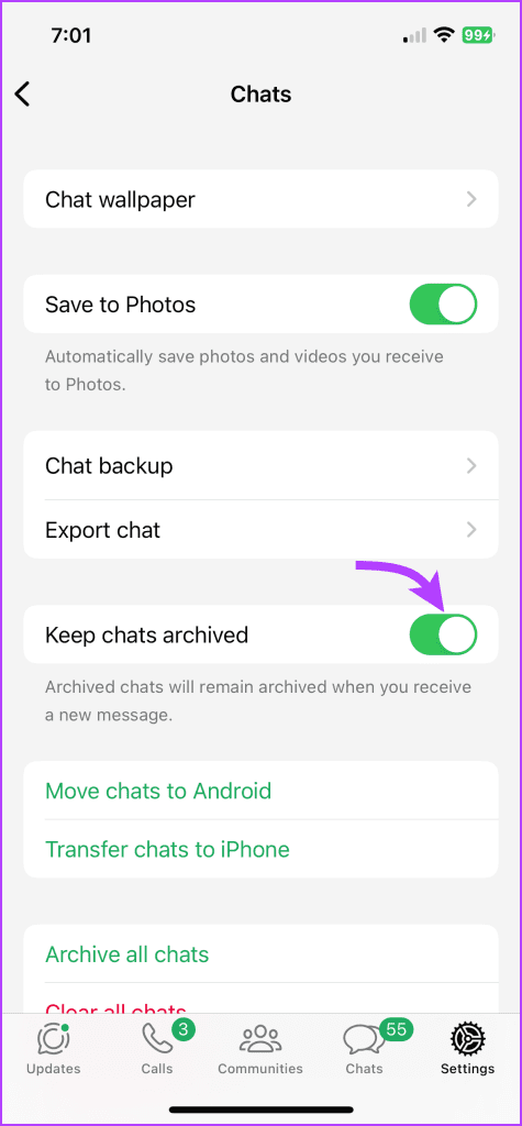 Toggle Keep chats archived