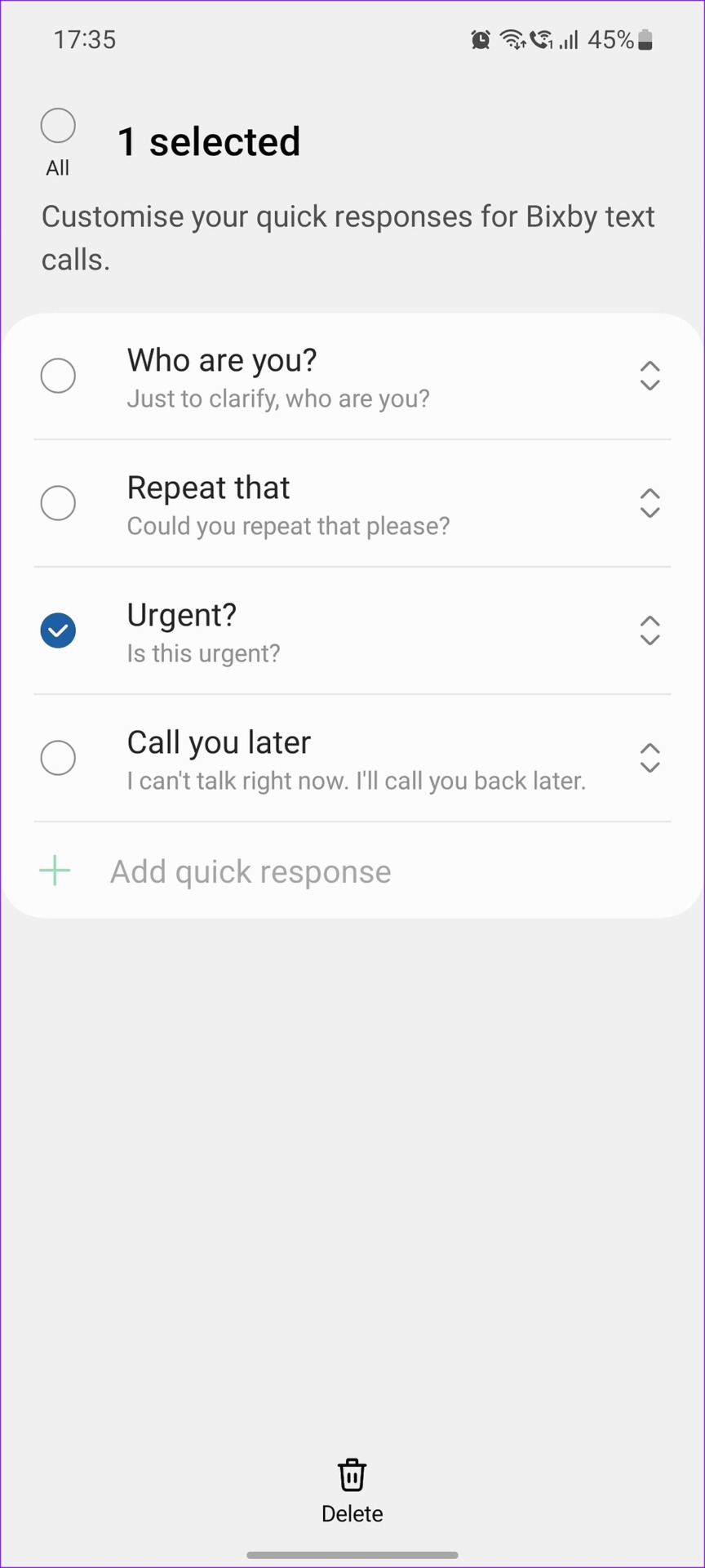 arrange bixby text call responses