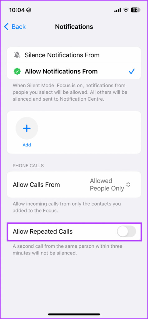 Toggle off Allow Repeated Calls