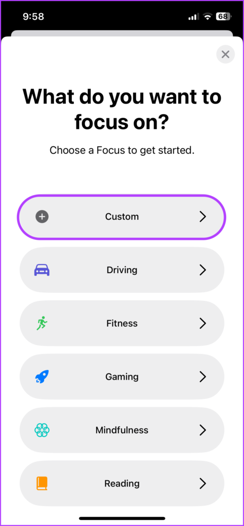 Select Custom to create a personalized Focus mode