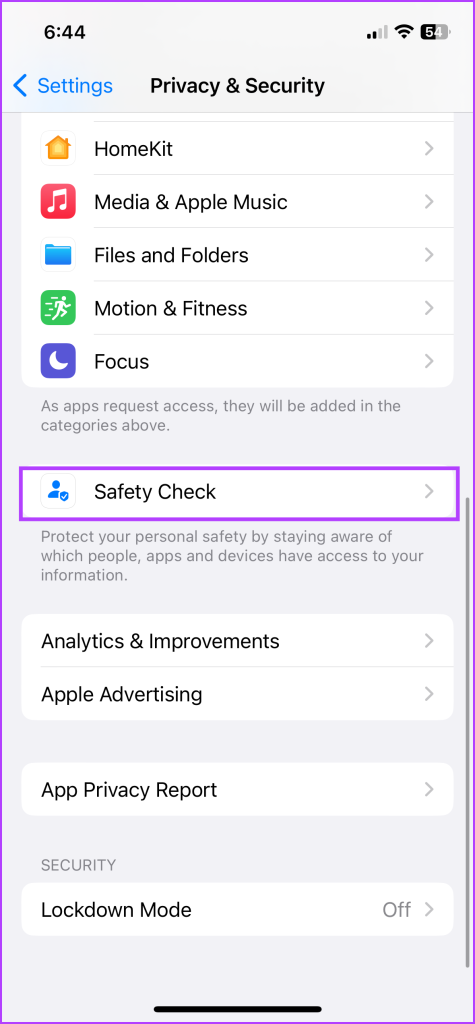 Tap Safety Check to manage iPhone Privacy Settings