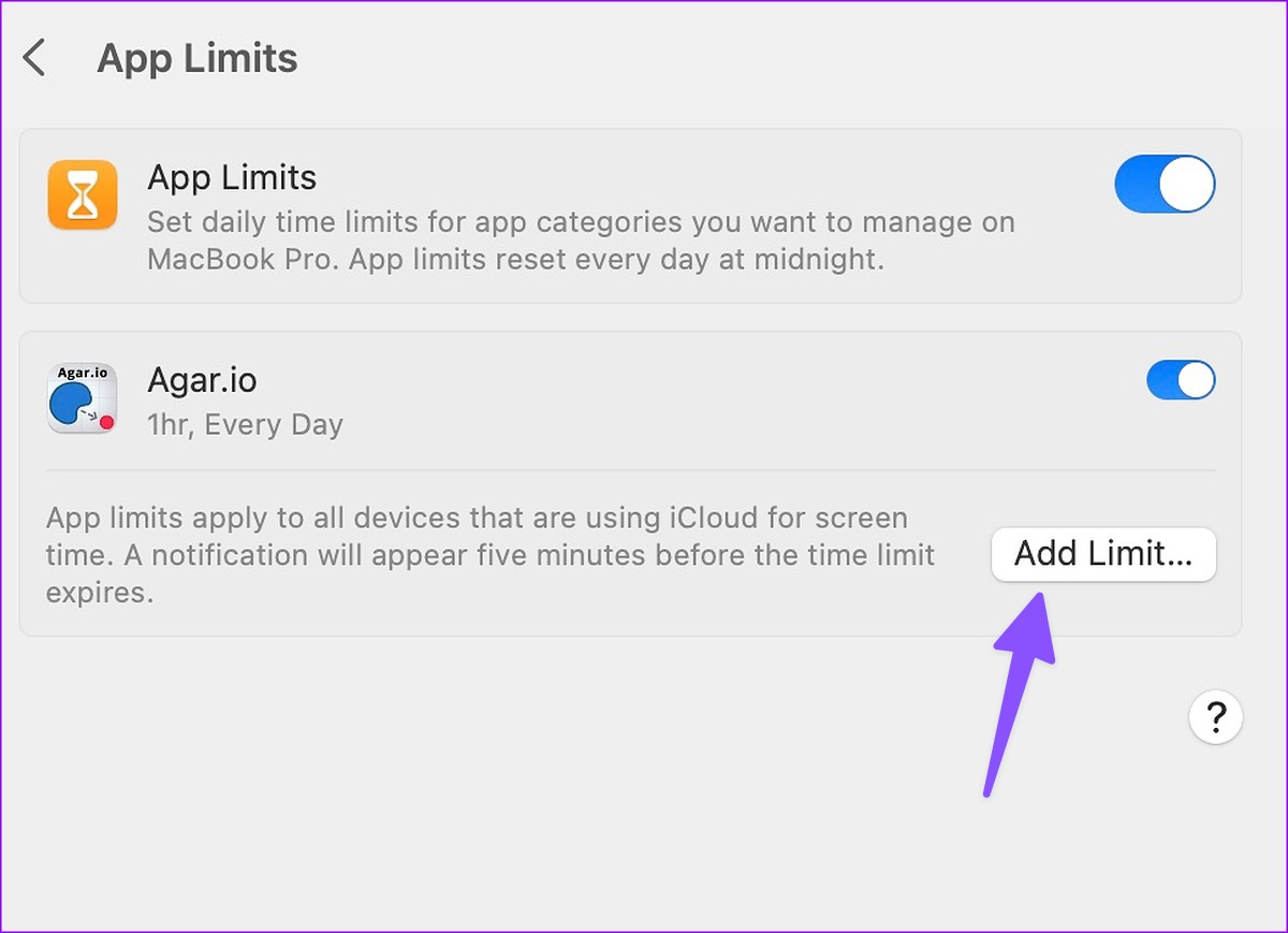add app limit Screen Time on Mac